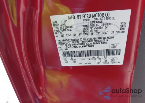 2012 Ford Escape Xlt z USA, uszkodzony, nr VIN 1FMCU9D75CKB27649